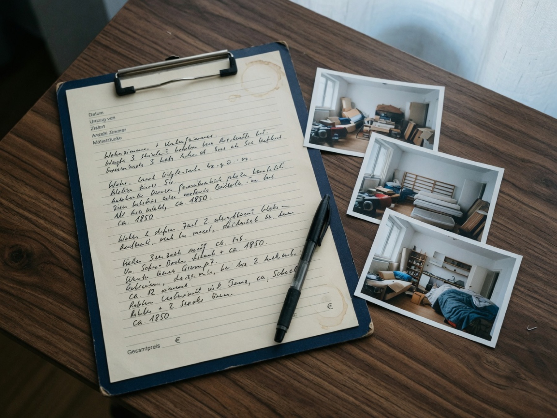 Klemmbrett mit handschriftlicher Umzugsaufnahme, daneben Fotos der Räume