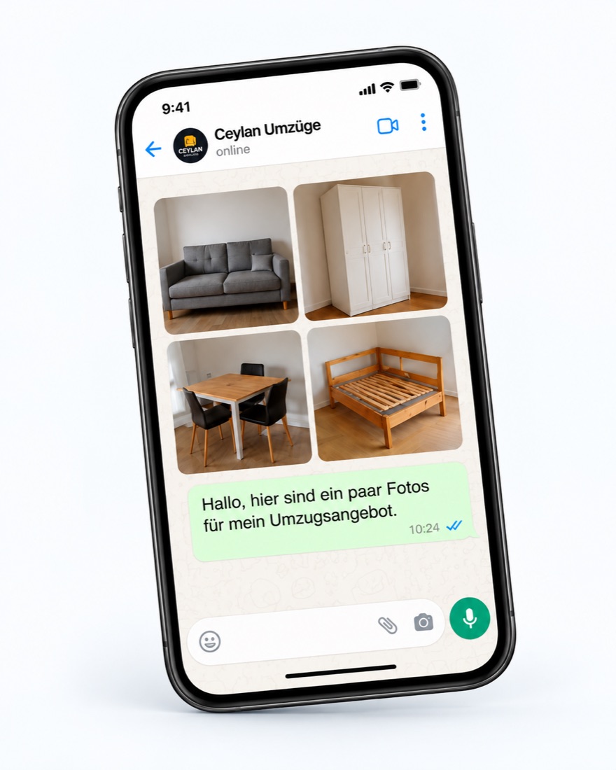 Smartphone mit einem WhatsApp-Chat, in dem Fotos von Möbeln an Ceylan gesendet werden