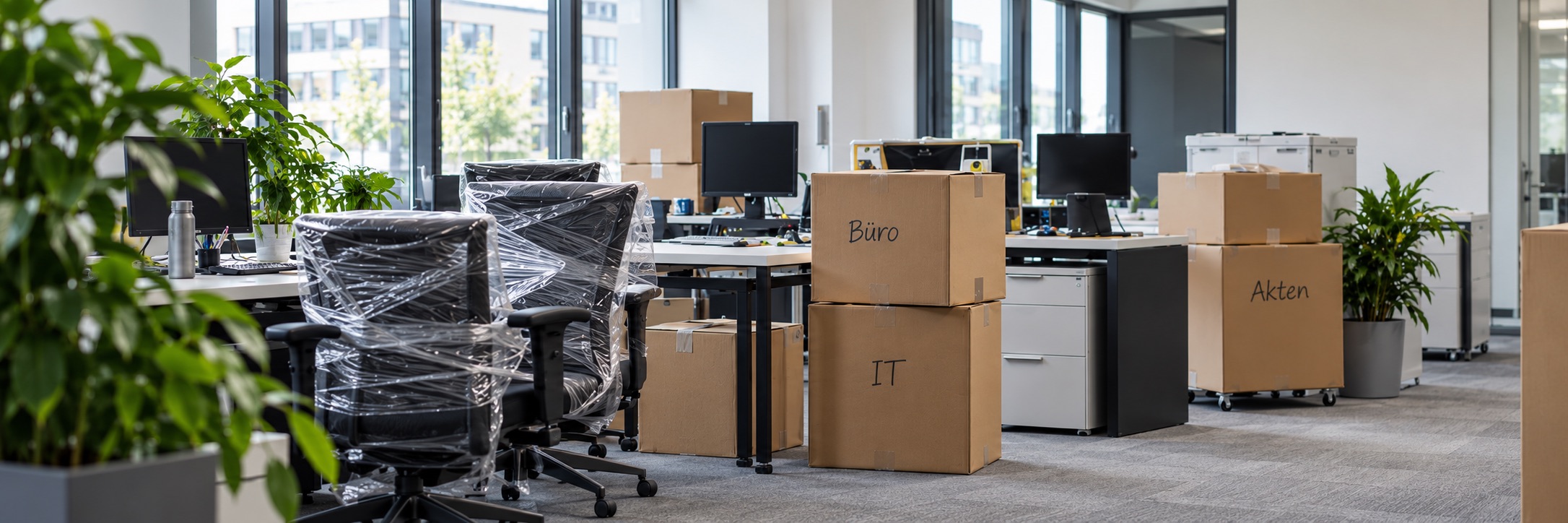 Büro während des Umzugs mit beschrifteten Kartons, eingepackten Bürostühlen und abgebauten Arbeitsplätzen