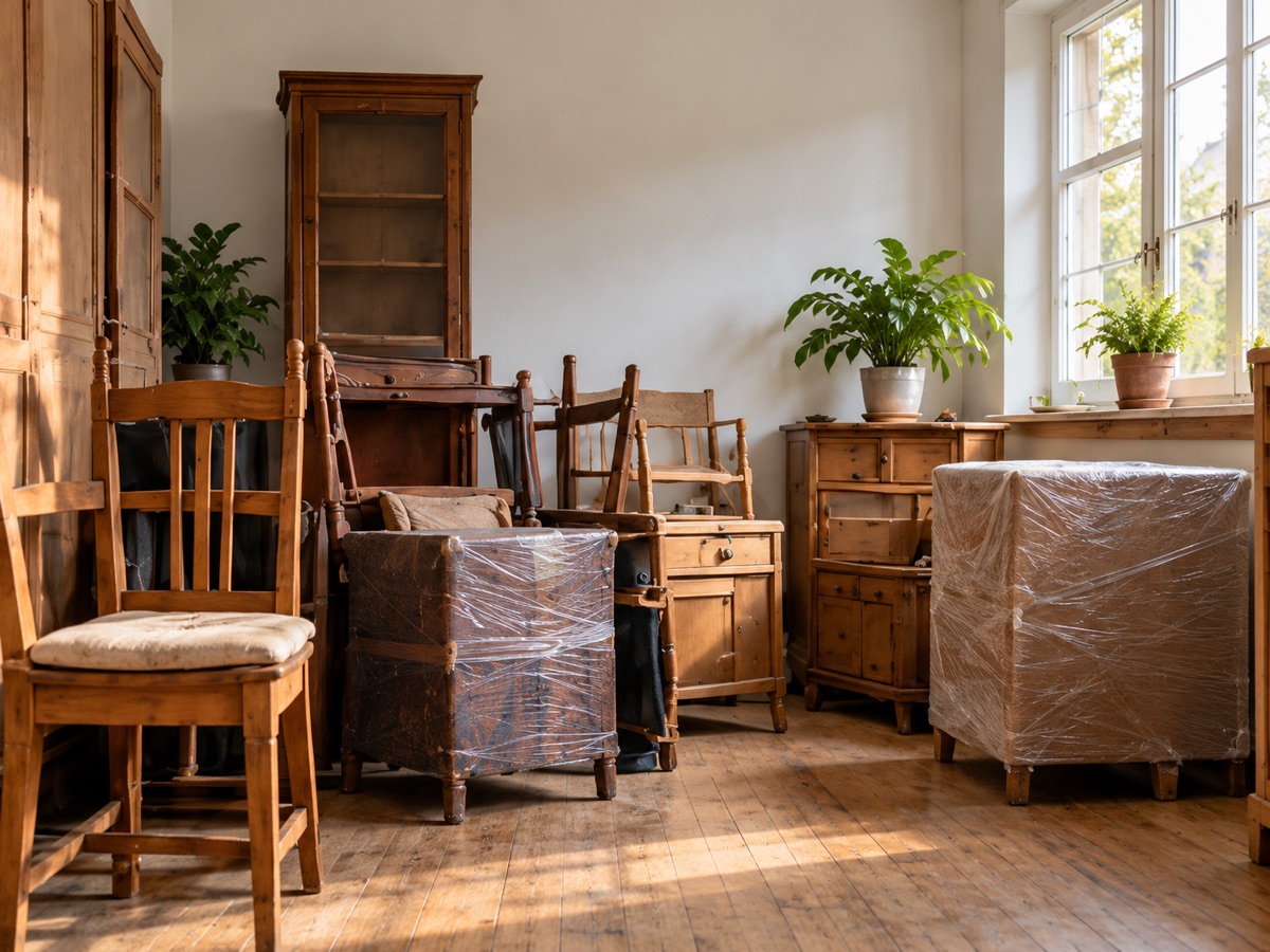 Entrümpelung: Zimmer mit alten Holzmöbeln, teils in Folie verpackt