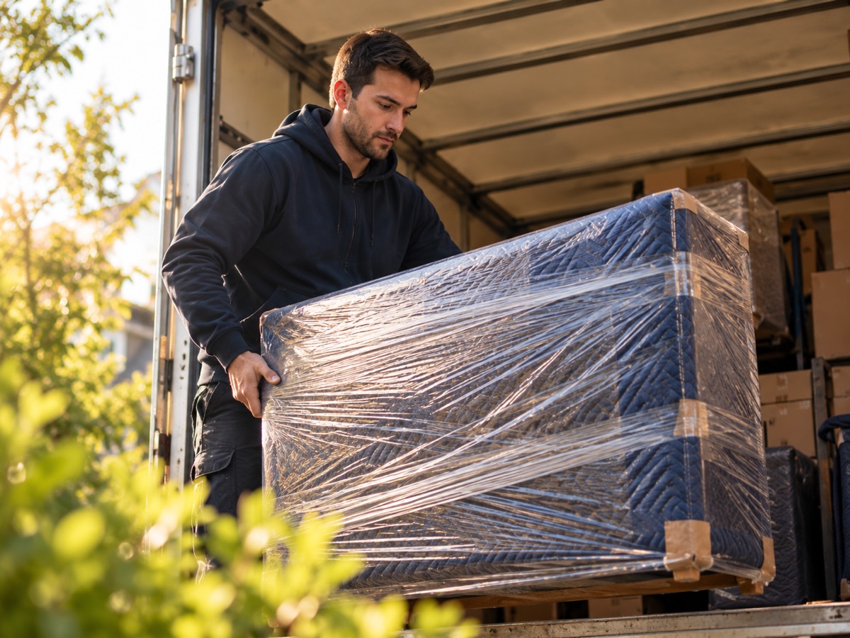 Möbeltransport: Mitarbeiter verlädt ein in Folie verpacktes Möbelstück