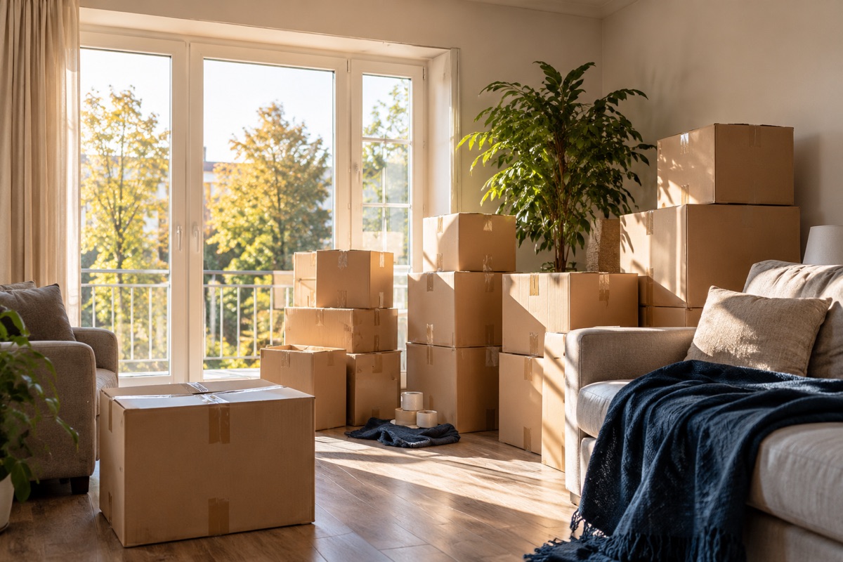 Umzug: Wohnzimmer mit gepackten Umzugskartons