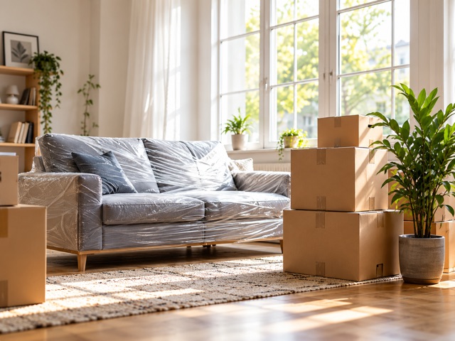 Sofa und Umzugskartons in einer hellen Wohnung