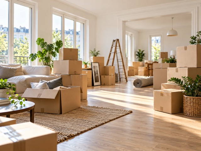 Große helle Wohnung mit Kartons und Leiter